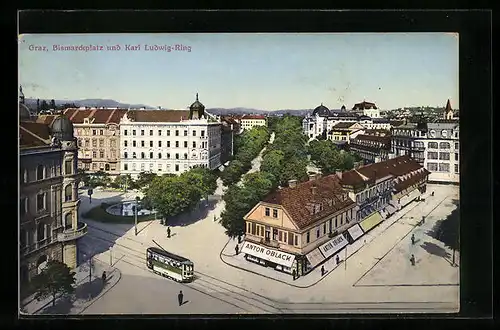 AK Graz, Bismarckplatz und Strasse Karl Ludwig-Ring mit Geschäften und Strassenbahn