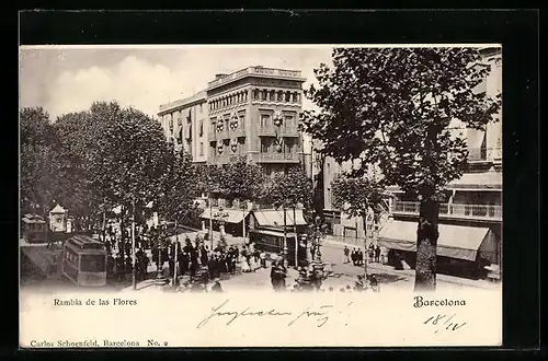 AK Barcelona, Rambla de las Flores, Strassenbahn