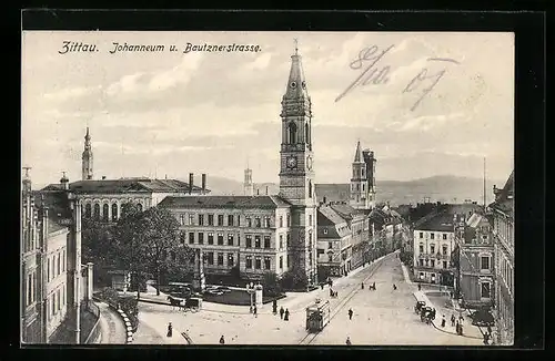 AK Zittau, Johanneum und Bautznerstrasse mit Strassenbahn