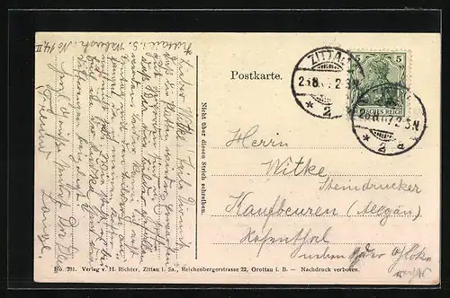 AK Zittau, Strassenpartie mit Geschäften und Strassenbahn