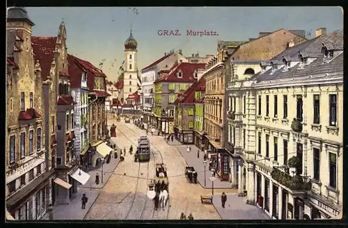 AK Graz, Marktplatz mit Geschäften und Strassenbahn