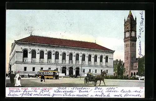 AK Boston, Mass., Public Library, Strassenbahn