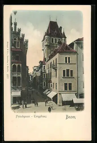 AK Bozen, Strasse Fleischgasse mit Gasthaus Torgglhaus