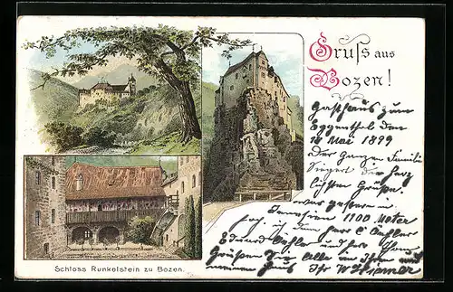 Lithographie Bozen, Schloss Runkelstein - Ansicht mit Umgebung, Hofansicht