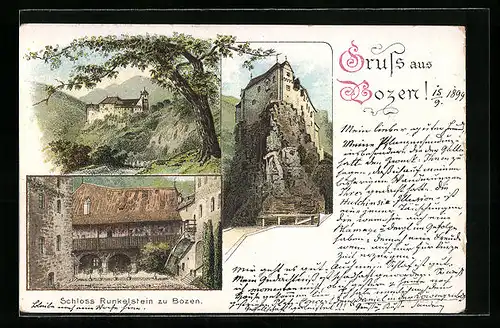 Lithographie Bozen, Schloss Runkelstein - Ansicht mit Umgebung, Hofansicht
