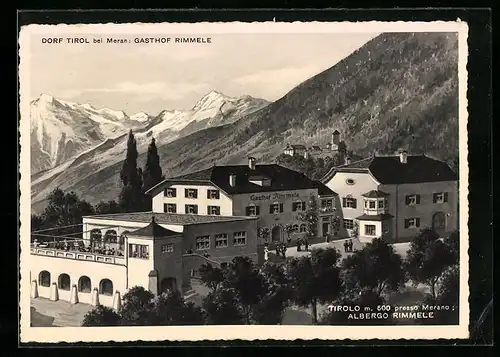 AK Dorf Tirol, Gasthof Rimmele mit Bergpanorama