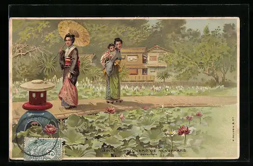 Künstler-AK Japon, Un Champ de Nénuphars, Ortspartie mit zwei Japanerinnen