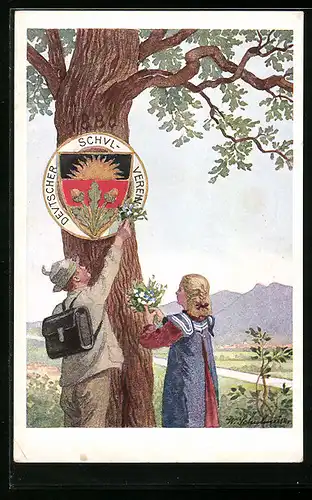 AK Deutscher Schulverein Nr.: Junge und Mädchen am Baum mit dem Schild Deutscher Schulverein