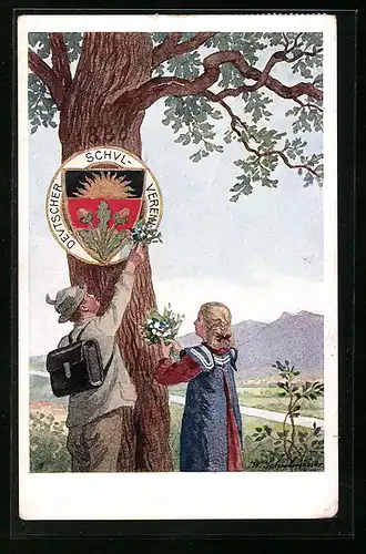 AK Deutscher Schulverein Nr.: Junge und Mädchen am Baum mit dem Schild Deutscher Schulverein