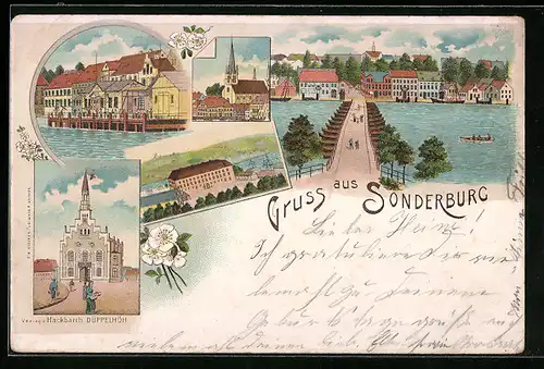 Lithographie Sonderburg, Uferpartie mit Brücke, Kirche, Ortspartie