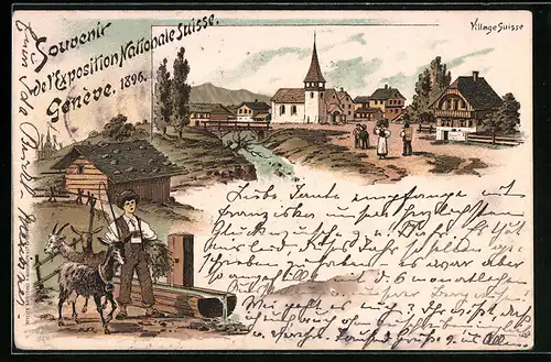 Lithographie Genève, Exposition Nationale Suisse 1896, Village Suisse
