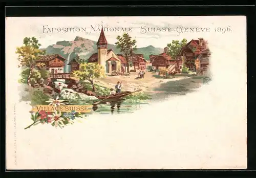 Lithographie Genève, Exposition Nationale Suisse 1896, Village Suisse