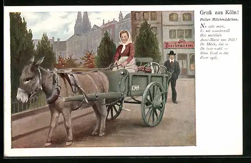 AK Köln, Poller Milchmädchen mit Eselsgespann