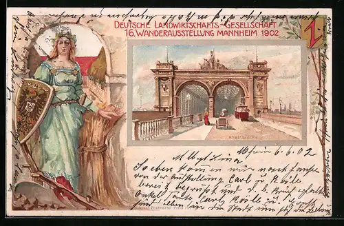 Lithographie Mannheim, 16. Wanderausstellung Deutsche Landwirtschafts-Gesellschaft 1902, Rheinbrücke, Frau mit Schild