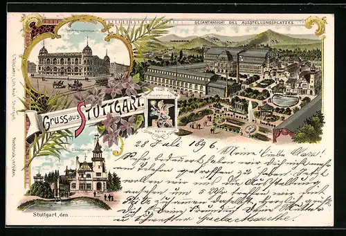 Lithographie Stuttgart, Gesamtansicht des Ausstellungsplatzes, Elektrizitäts-Haus, Landesgewerbemuseum