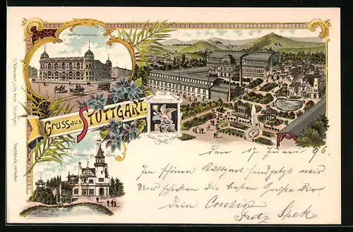 Lithographie Stuttgart, Gesamtansicht des Ausstellungsplatzes, Elektrizitäts-Haus, Landesgewerbemuseum