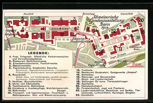 Künstler-AK Bern, Schweizerische Landesausstellung 1914, Stadtplan mit Restaurant Neubrückstrasse und Maschinenhalle