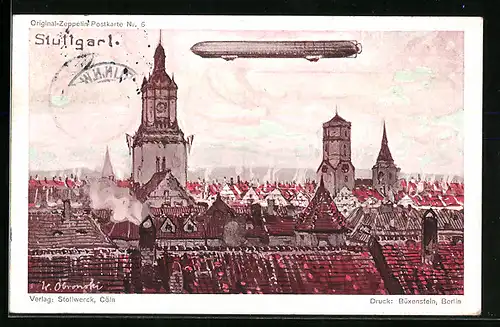 Künstler-AK Stuttgart, Teilansicht mit Luftschiff Zeppelin, Reklame für Gebr. Stollwerck AG Köln