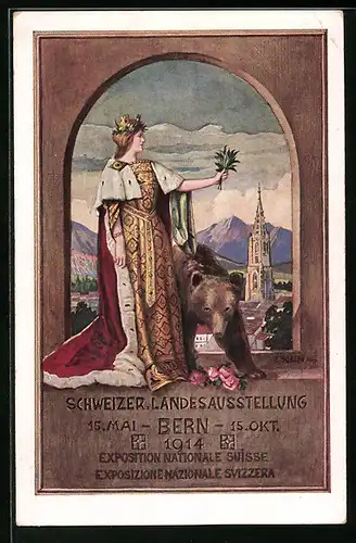 Künstler-AK Bern, Schweizerische Landesausstellung 1914, Teilansicht mit Turmspitze, Frau und Berner Bär