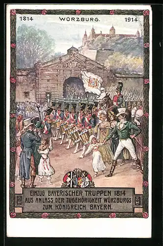 Künstler-AK Würzburg, Feierlicher Einzug bayerischer Truppen 1814, Ganzsache Bayern