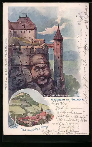 Künstler-AK Königstein, Ortsansicht, Festung, Berg mit Gesicht / Berggesichter