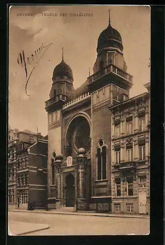 AK Antwerpen, Synagoge mit Strasse und Nachbargebäude