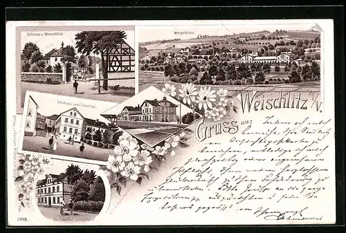 Lithographie Weischlitz i. V., Ortsansicht, Schloss, Gasthaus zum Elsterthal, Restaurant Centralhalle