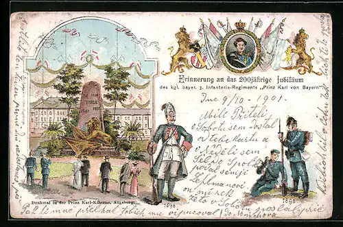 Lithographie Augsburg, 200jähriges Jubiläum des kgl. bayer. 3. Infanterie-Regiments Prinz Karl von Bayern, Denkmal