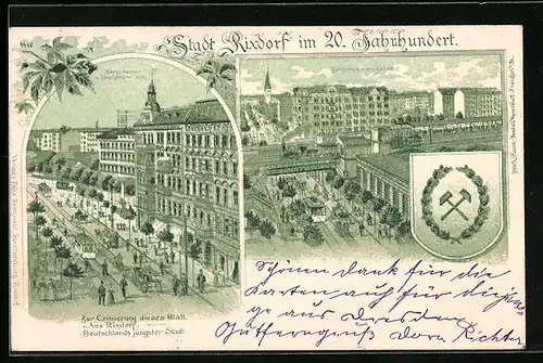 Lithographie Rixdorf, Bergstrasse mit Bahnhof und Kriegerdenkmal