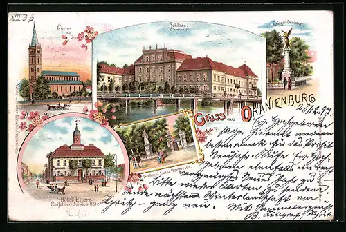 Lithographie Oranienburg, Hotel Eilers, Radfahrer-Bundes-Hotel, Schloss, Kirche