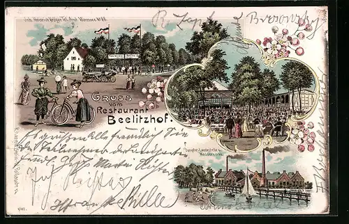Lithographie Wannsee, Restaurant Beelitzhof, Dampfer-Landestelle u. Wasserwerke