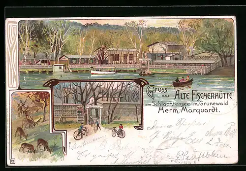 Lithographie Berlin-Schlachtensee, Restaurant Alte Fischerhütte am Schlachtensee mit Bootsverleih, Wildgehege