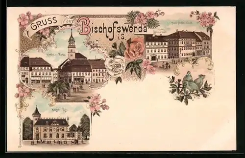Lithographie Bischofswerda i. S., Hotel goldene Sonne und goldener Engele, Kaiserl. Post, Kirche u. Markt
