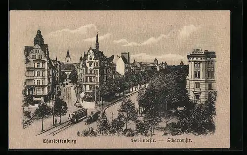 AK Charlottenburg, Berlinerstr. und Scharrenstr. mit Strassenbahn