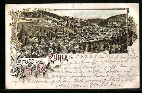 Lithographie Ruhla i. Th., Ortsansicht aus der Vogelschau