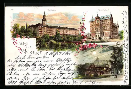 Lithographie Rudolstadt, Schloss, Rudolsbad, Anger