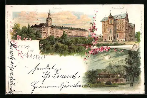 Lithographie Rudolstadt, Rudolsbad, Schloss, Anger