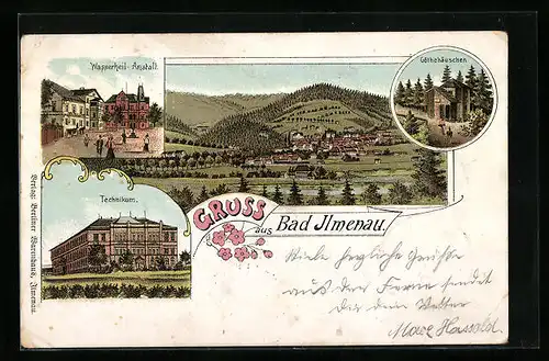 Lithographie Bad Ilmenau, Technikum, Wasserheil-Anstalt, Göthehäuschen