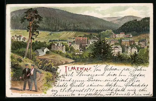 Lithographie Ilmenau, Ortsansicht aus der Vogelschau