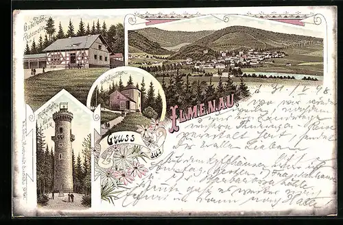 Lithographie Ilmenau, Kickelhahn, Göthehäuschen, Gabelbach Restauration