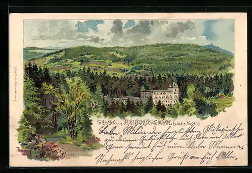 Lithographie Reiboldsgrün, Ortspartie mit Bergen