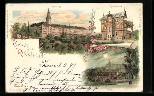 Lithographie Rudolstadt, Schloss, Anger