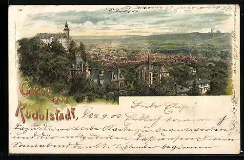 Lithographie Rudolstadt, Panorama aus der Vogelschau
