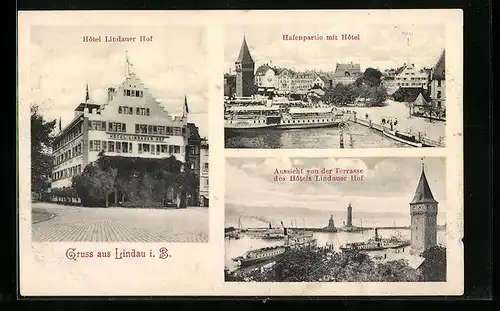 AK Lindau i. B., Hotel Lindauer Hof, Hafenpartie mit Dampfer Helvetia