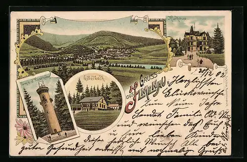 Lithographie Ilmenau, Kurhaus, Gabelbach, Turm. a. d. Kickelhahn