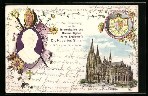 Präge-AK Köln, Dom zu Köln, Erzbischof Dr. Hubertus Simar, Stadtwappen