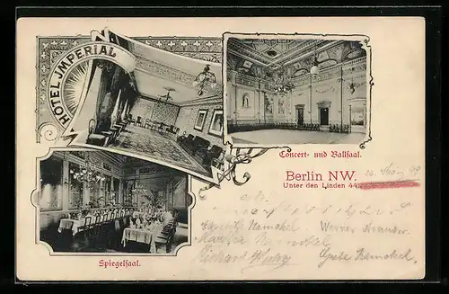 AK Berlin, Hotel Imperial, Spiegelsaal, Concert- und Ballsaal, Unter den Linden 44
