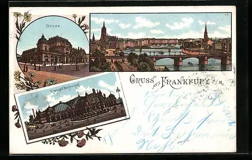 Lithographie Frankfurt a. Main, Teilansicht mit Brücken, Börse, Hauptbahnhof