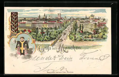 Lithographie München, Panorama vom Maximilianeum, Münchner Kindl mit Bierkrug