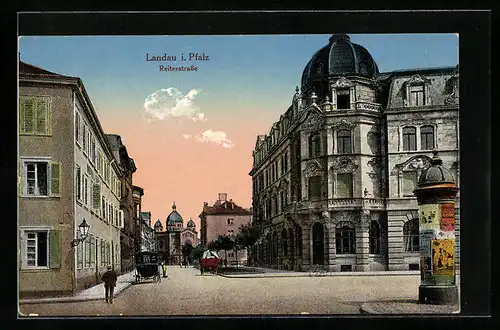 AK Landau i. Pfalz, Reiterstrasse mit Kutschen, Synagoge